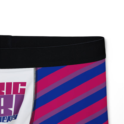 The Copy of Trans Rights Boxers - original design by Printify are men's boxer briefs showcasing diagonal stripes in shades of purple, blue, and red. Crafted from comfortable fabric, they feature a black waistband with bold "BIG ENERGY" stylized text at the front center. Celebrate inclusivity with these vibrant underpants from a proudly trans-owned business.