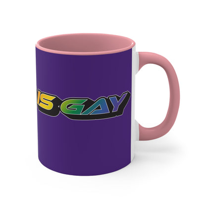 Displayed is the SKATING IS GAY rainbow gradient accent mug by Printify. This eye-catching mug features a purple exterior and a colorful interior, with the text "SKATING IS GAY" displayed in gradient colors of red, orange, yellow, and green. The dynamic design is enhanced by its shadowed font style.