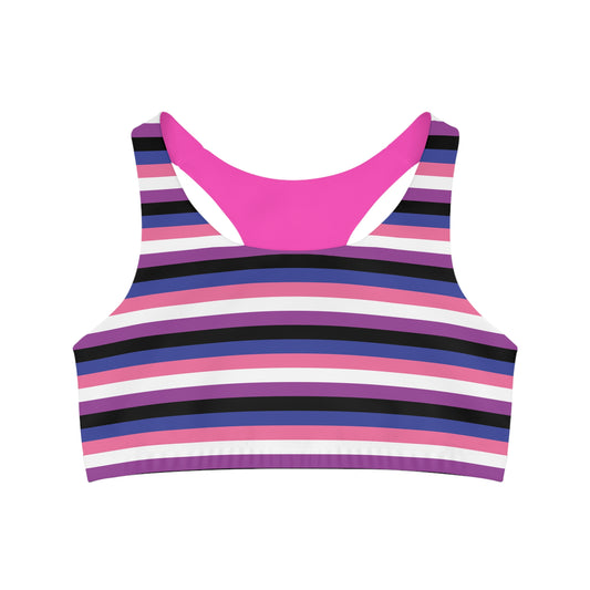 Introducing the Genderfluid Pride Flag seamless sports crop by Printify—a vibrant top featuring horizontal stripes in black, purple, white, blue, and pink that celebrate the Genderfluid Pride Flag. Designed with a racerback style including a solid bright pink panel at the back, this top is crafted from moisture-wicking fabric to provide comfort with its soft and stretchy feel.