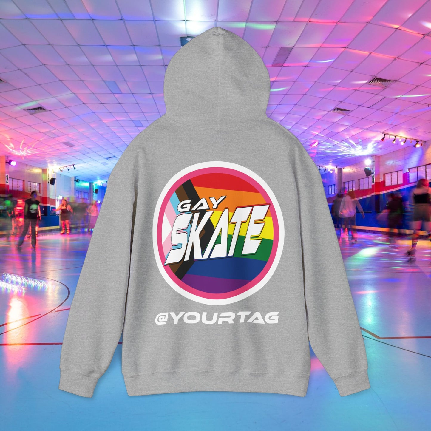 Gay Skate progress pride rainbow flag original logo on street wear hoodie. Back of hoodie with customised skater name added.