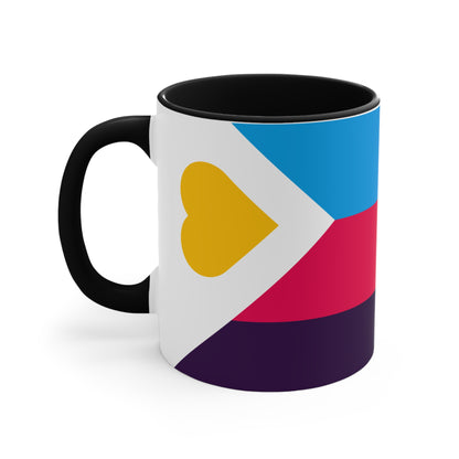 The Polyamory Pride Flag cup - colorful accent mug by Printify features a white coffee mug with a red handle and a vibrant interior. The exterior design showcases a colorful heart on a white background, accompanied by distinctive elements including a blue triangle, pink stripe, and purple stripe.