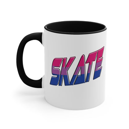 The Printify SKATE bisexual pride flag accent mug features a white base with a blue handle and vibrant interior. It proudly displays the word "SKATE" in bold, stylized gradient lettering, transitioning from pink at the top to blue at the bottom, creating an eye-catching contrast that evokes a sense of movement and energy.