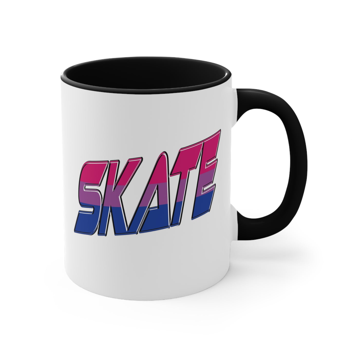 The Printify SKATE bisexual pride flag accent mug features a white base with a blue handle and vibrant interior. It proudly displays the word "SKATE" in bold, stylized gradient lettering, transitioning from pink at the top to blue at the bottom, creating an eye-catching contrast that evokes a sense of movement and energy.