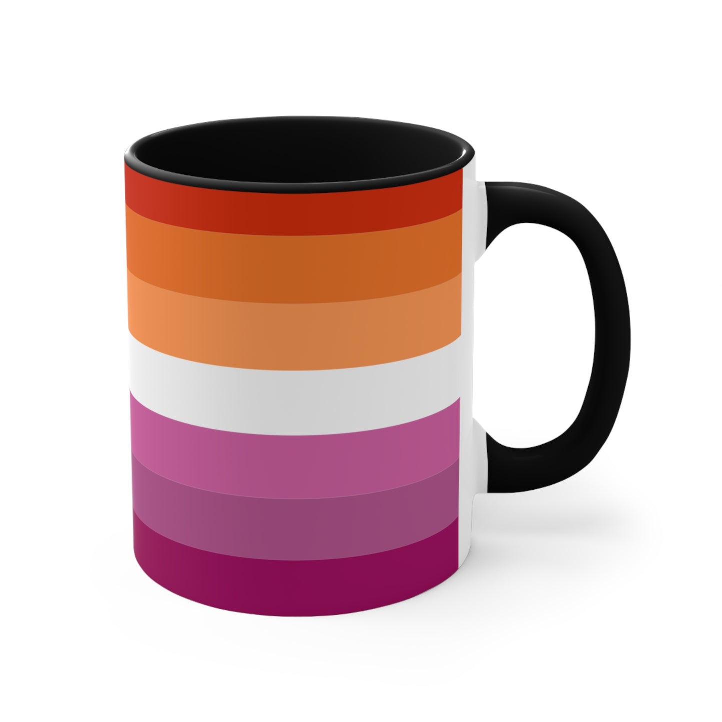 The Lesbian pride flag colorful accent mug by Printify features a vibrant design with horizontal stripes in varying shades of orange, pink, and purple. It has a red handle and colorful interior that create an eye-catching contrast against the plain white background.