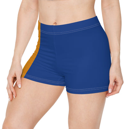 A person is wearing the Aroace Aromantic-Asexual Pride Flag Short Shorts by Printify, featuring colorful, moisture-wicking active wear in high-waisted shorts with vertical stripes in shades of blue, white, yellow, and orange. The background is plain white, and the image focuses on the side of the body from the chest down to mid-thigh.