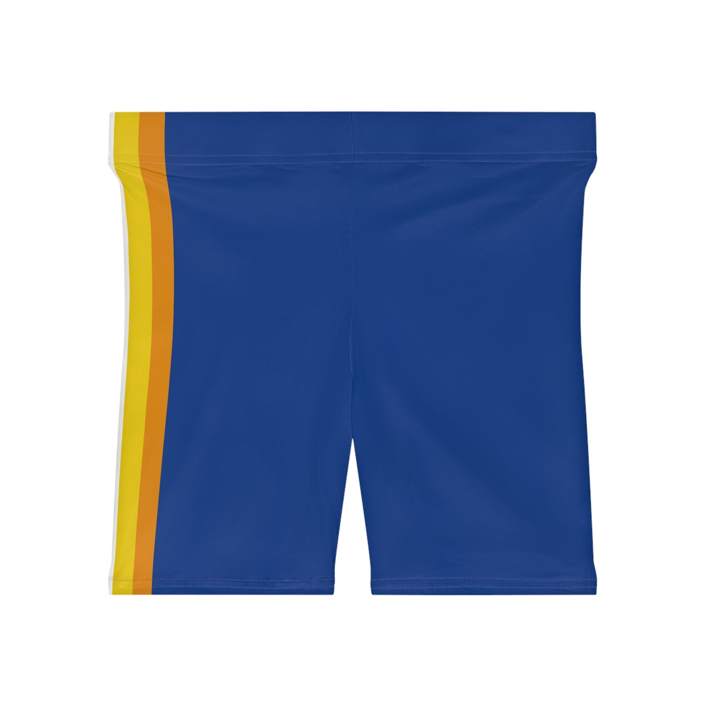 A person wearing Printify's Aroace Pride Flag Bike Shorts, which are high-waisted blue athletic shorts featuring vertical stripes in dark blue, light blue, white, yellow, and orange down the side. The photo captures the lower torso and upper thighs from a side view.