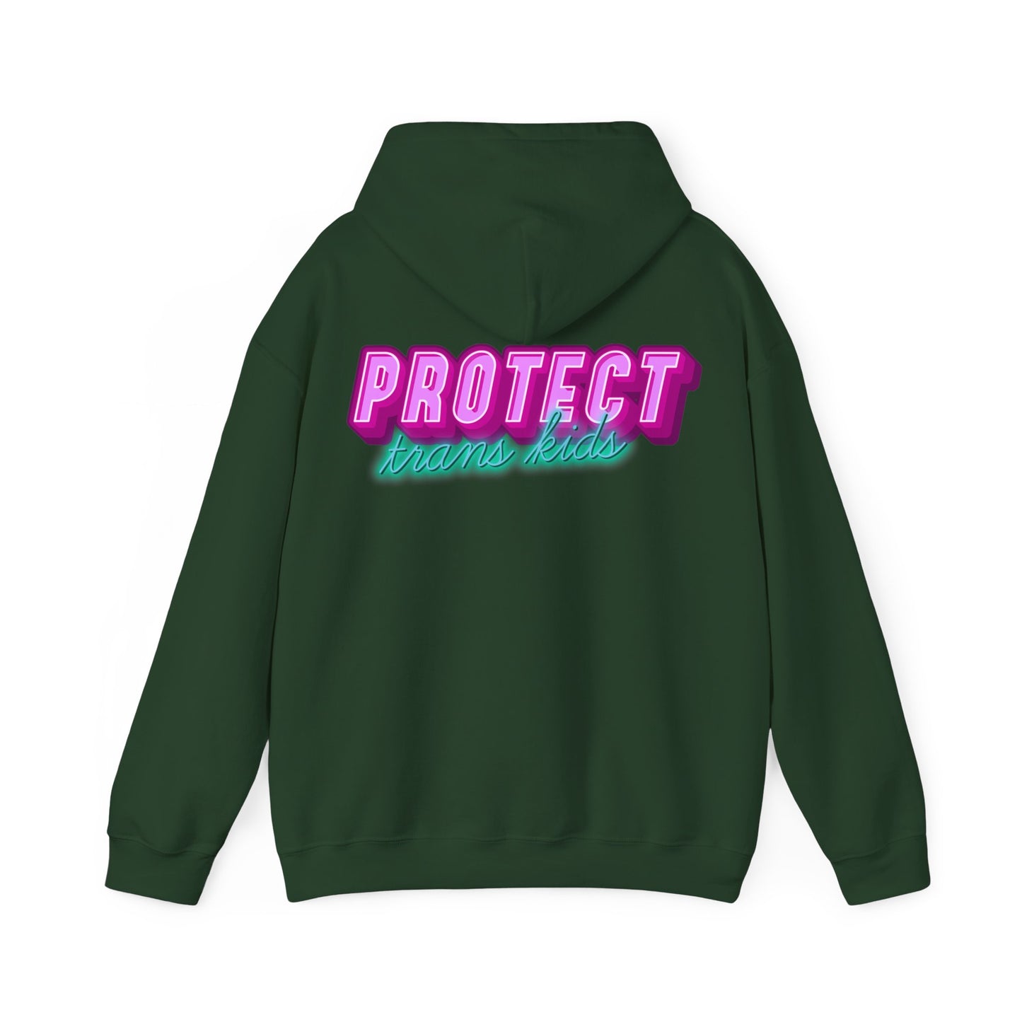 The Protect Trans Kids Hoodie - Australian Shipping is a dark green unisex hoodie made from ethically grown cotton, showcasing "Protect Trans Kids" in bold neon-style pink and blue letters on the back.