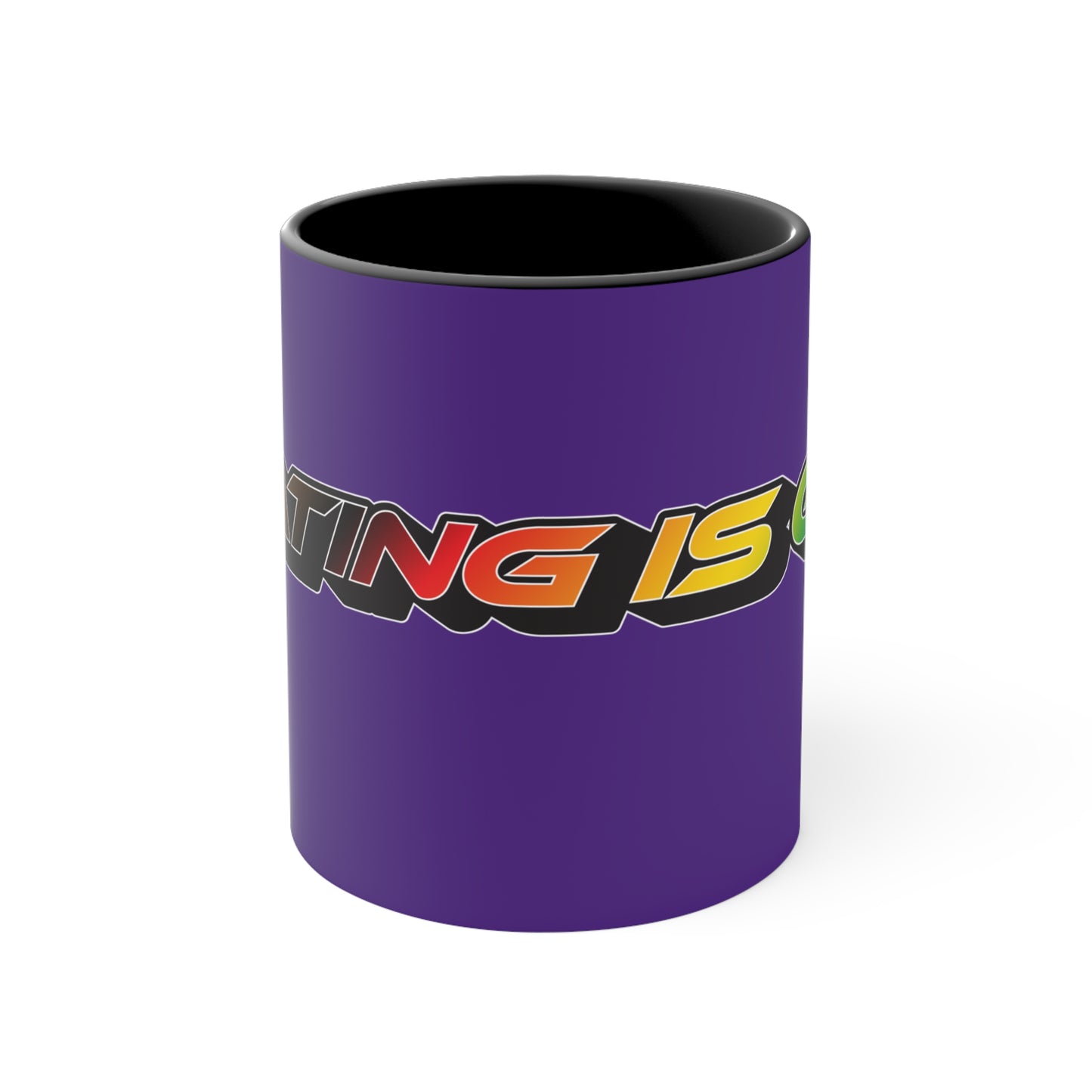 Displayed is the SKATING IS GAY rainbow gradient accent mug by Printify. This eye-catching mug features a purple exterior and a colorful interior, with the text "SKATING IS GAY" displayed in gradient colors of red, orange, yellow, and green. The dynamic design is enhanced by its shadowed font style.