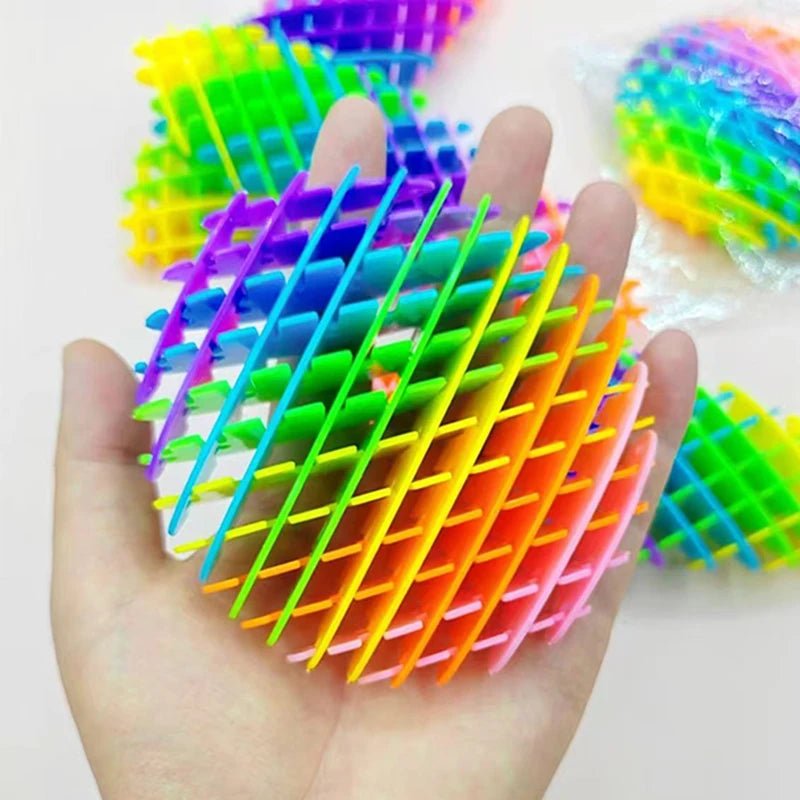 Colourful 3D rainbow fidget toy perfect for stress relief and sensory needs. Flexible, stretchy mesh design