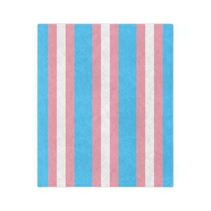 A photo of the Transgender Pride Flag - Velveteen Microfiber Blanket by Printify showcases a super-soft fleece design with vertical stripes in blue, pink, and white. This alternating pattern mirrors the colors of the transgender pride flag and is offered by a trans and queer-owned business in multiple sizes for your cozy comfort.