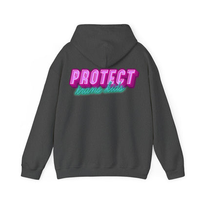 The "Protect Trans Kids" unisex hoodie, available for Australian shipping, is black and made from ethically grown cotton. It features bold text on the back reading "Protect Trans Kids" in a pink and teal neon-style font.