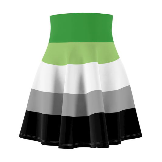 The Aromantic pride flag Skater Skirt by Printify is a versatile fit flared skirt with horizontal stripes in green, light green, white, gray, and black. It features a broad green waistband at the top and transitions through lighter shades down to a black hem.