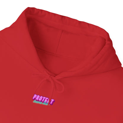 The vibrant red Protect Trans Kids Hoodie, designed for unisex use, features a drawstring hood and colorful embroidered text reading "PROTECT trans kids," crafted from ethically grown cotton. Exclusively available with Australian shipping.