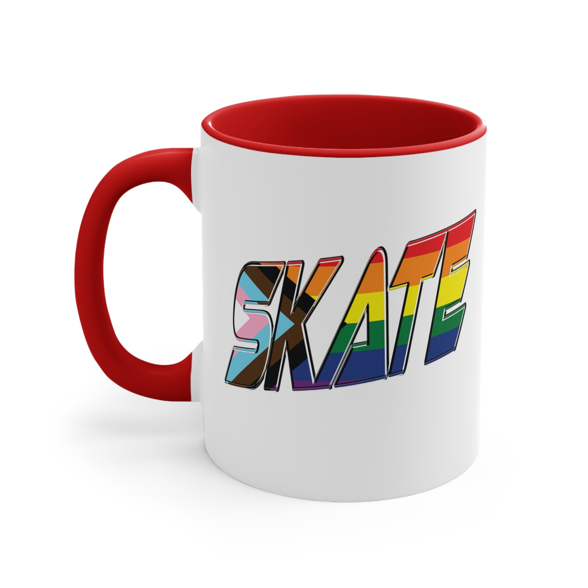 The SKATE progress pride flag accent mug by Printify features a white coffee mug with a red handle and a colorful interior. The front boldly displays the word "SKATE" in rainbow colors, including shades of blue, pink, white, and brown.