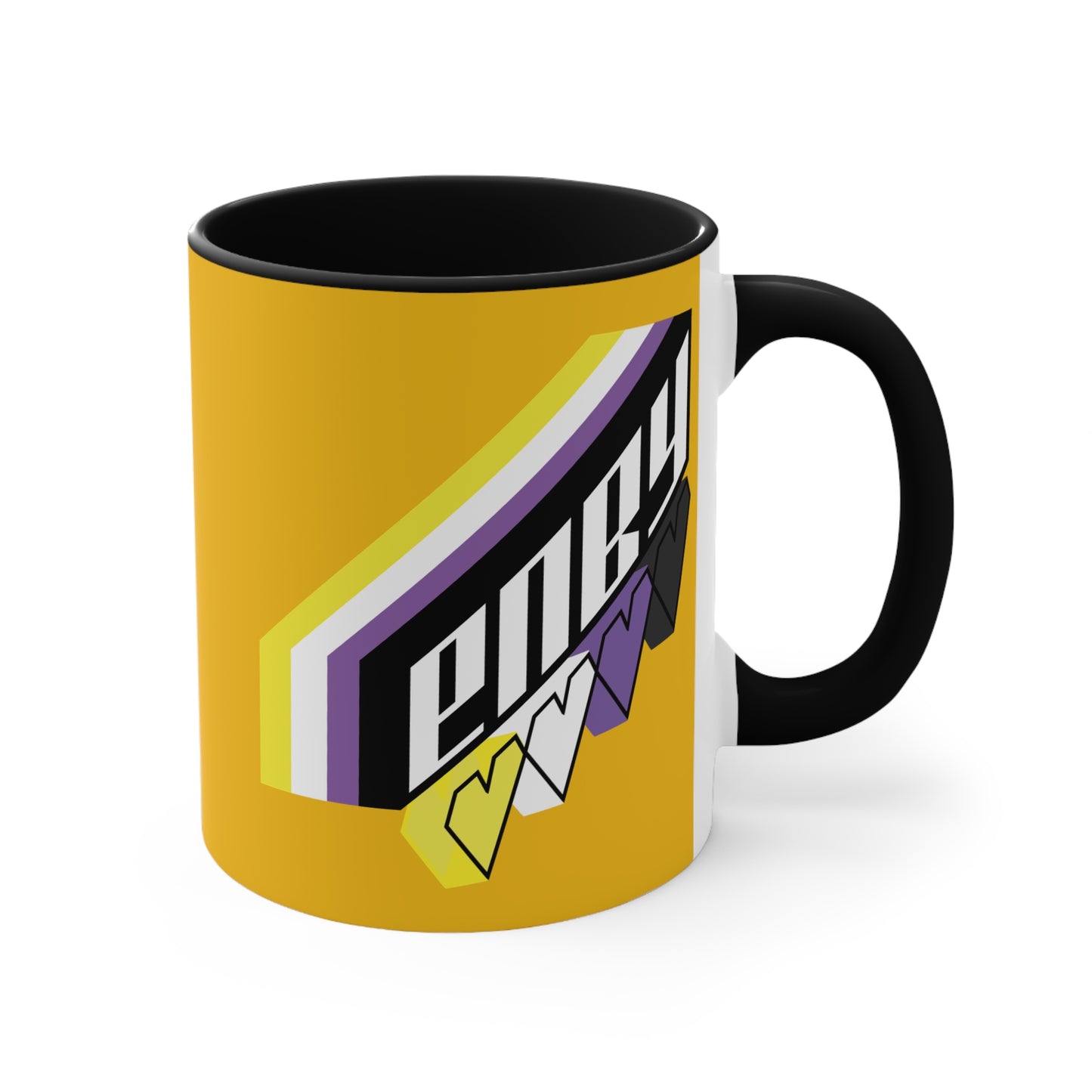 Presenting the Printify ENBY non-binary pride flag colors accent mug, a white ceramic coffee mug with a black handle and vibrant interior. It proudly features the word "enby" in bold, retro-style letters. Below "enby," three heart shapes in yellow, white, and purple celebrate non-binary pride.