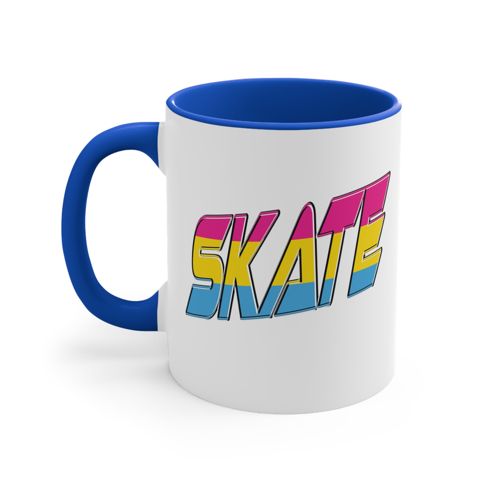 Introducing the "SKATE pansexual pride flag accent mug" by Printify—a white ceramic coffee mug highlighted with a black handle and interior. Adorned on the front are bold, colorful letters spelling "SKATE," featuring a gradient effect in pink, yellow, and blue that beautifully represents the pansexual pride flag.