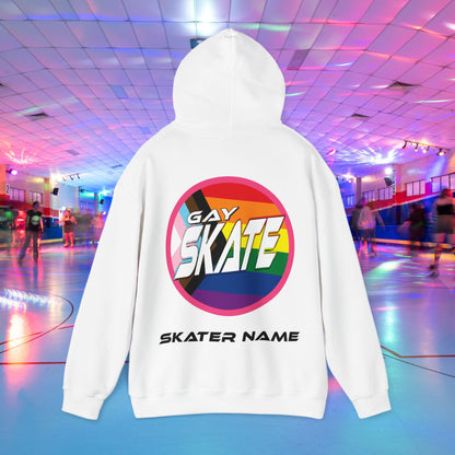 Gay Skate progress pride rainbow flag original logo on street wear hoodie. Back of hoodie with customised skater name added.