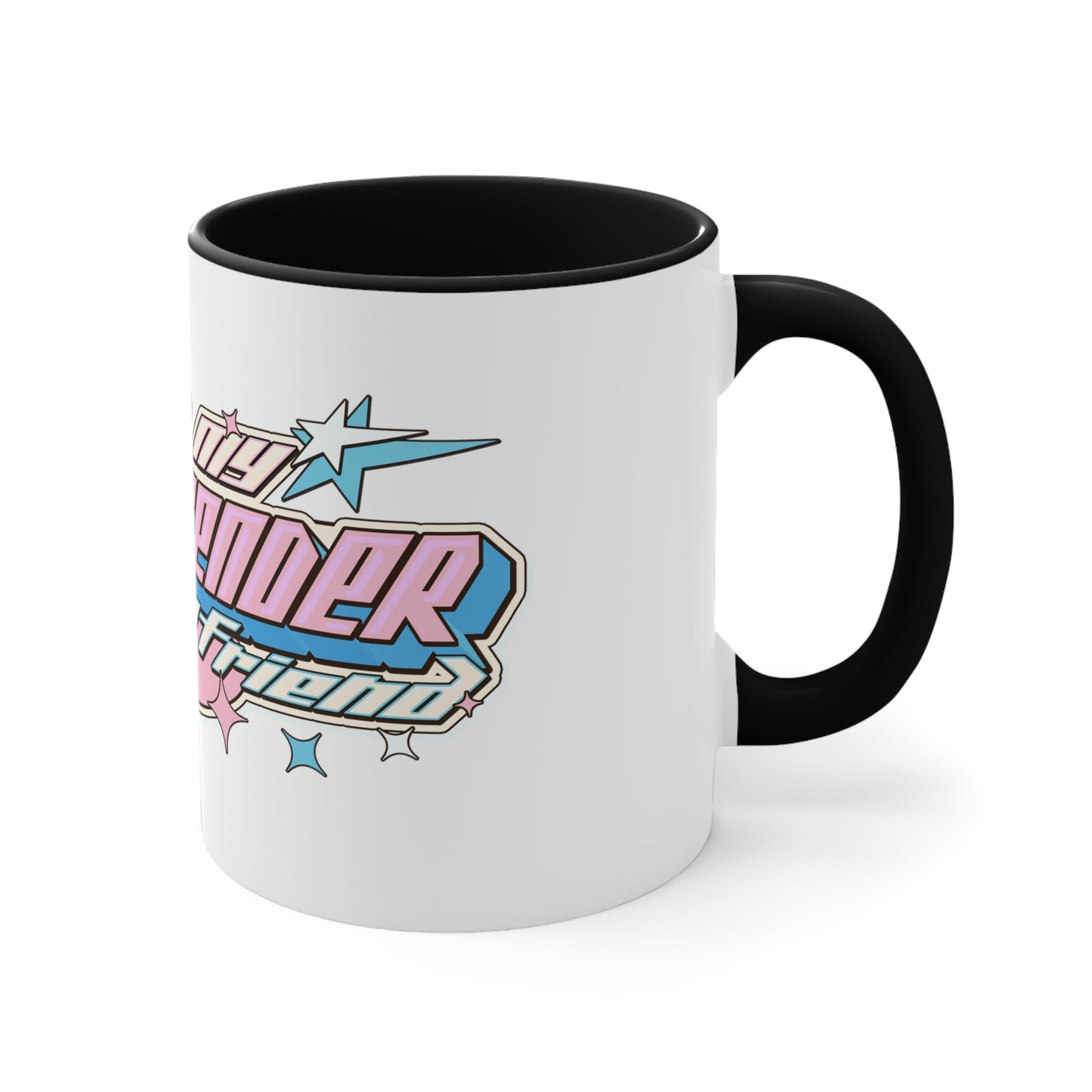 The I Love My Transgender Girlfriend original design accent mug by Printify is a white mug with a colorful interior. It features bold, playful letters that spell out "I Love My Transgender Girlfriend" along with star accents, all in the colors of the transgender pride flag: pink, blue, and white.