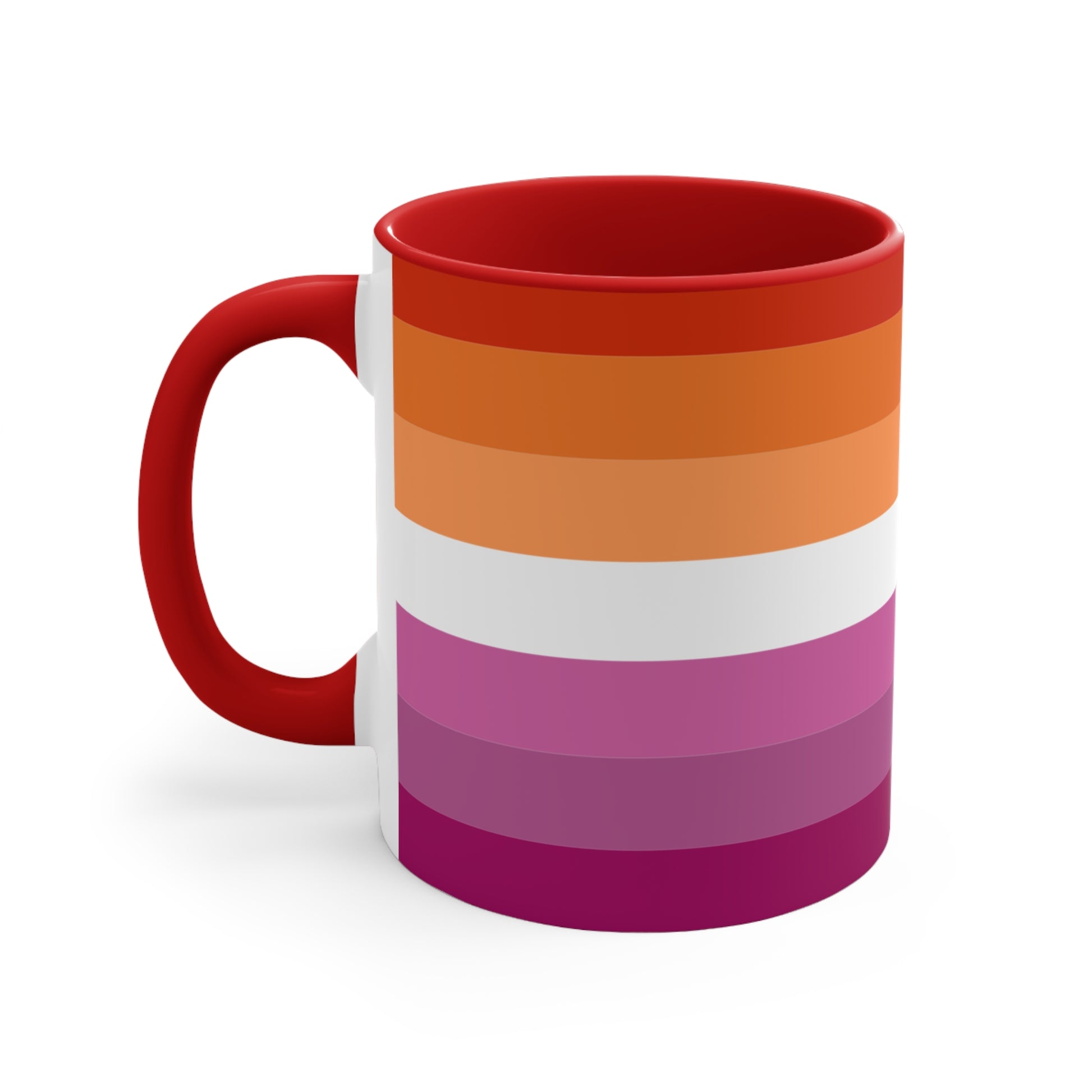 The Lesbian pride flag colorful accent mug by Printify features a vibrant design with horizontal stripes in varying shades of orange, pink, and purple. It has a red handle and colorful interior that create an eye-catching contrast against the plain white background.