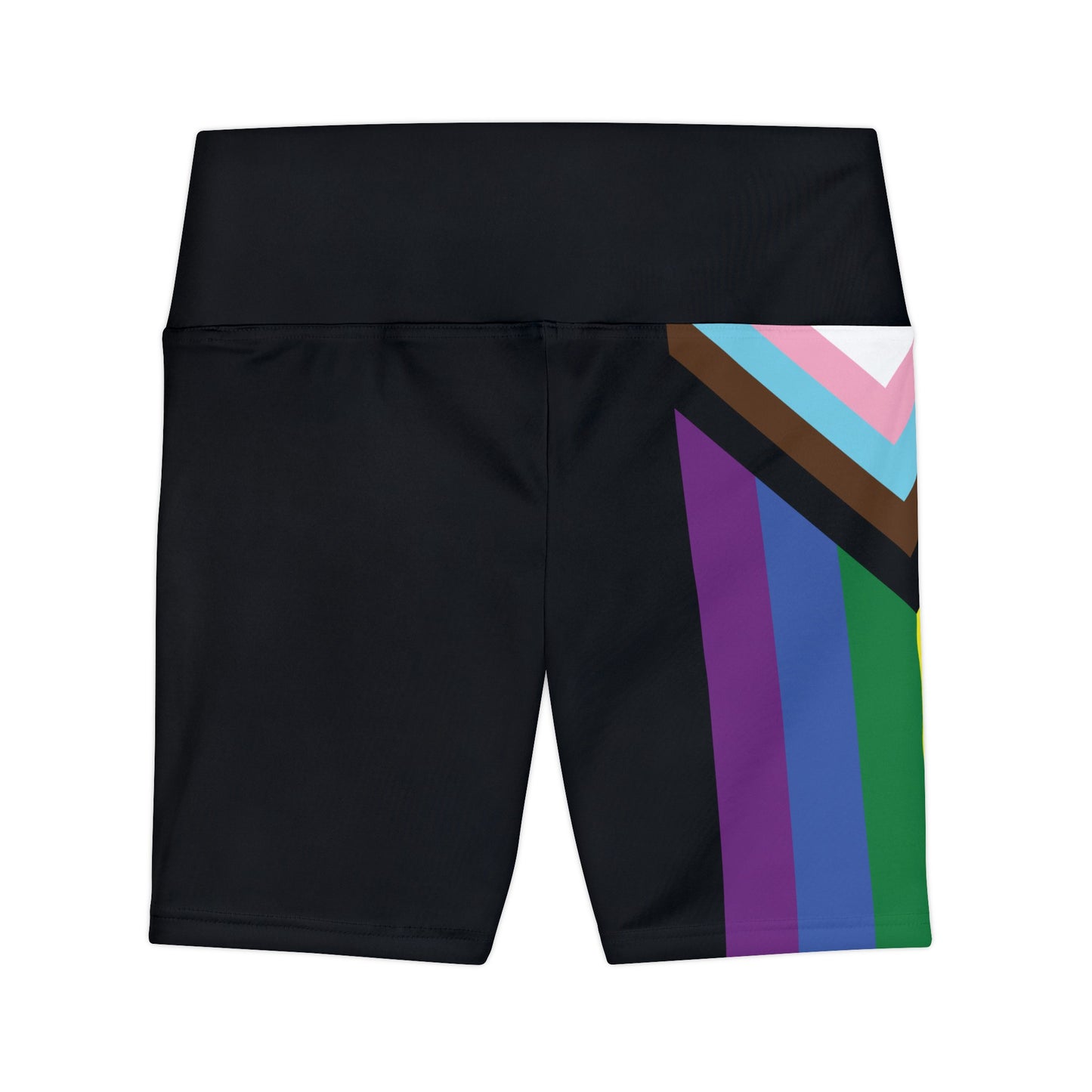 A person wearing Printify's Progress Pride Rainbow Flag High-Waisted Workout Pants, featuring a vibrant design perfect for an active lifestyle. The shorts display horizontal stripes in black, brown, light blue, pink, white, red, orange, yellow, green, and blue against a white background.