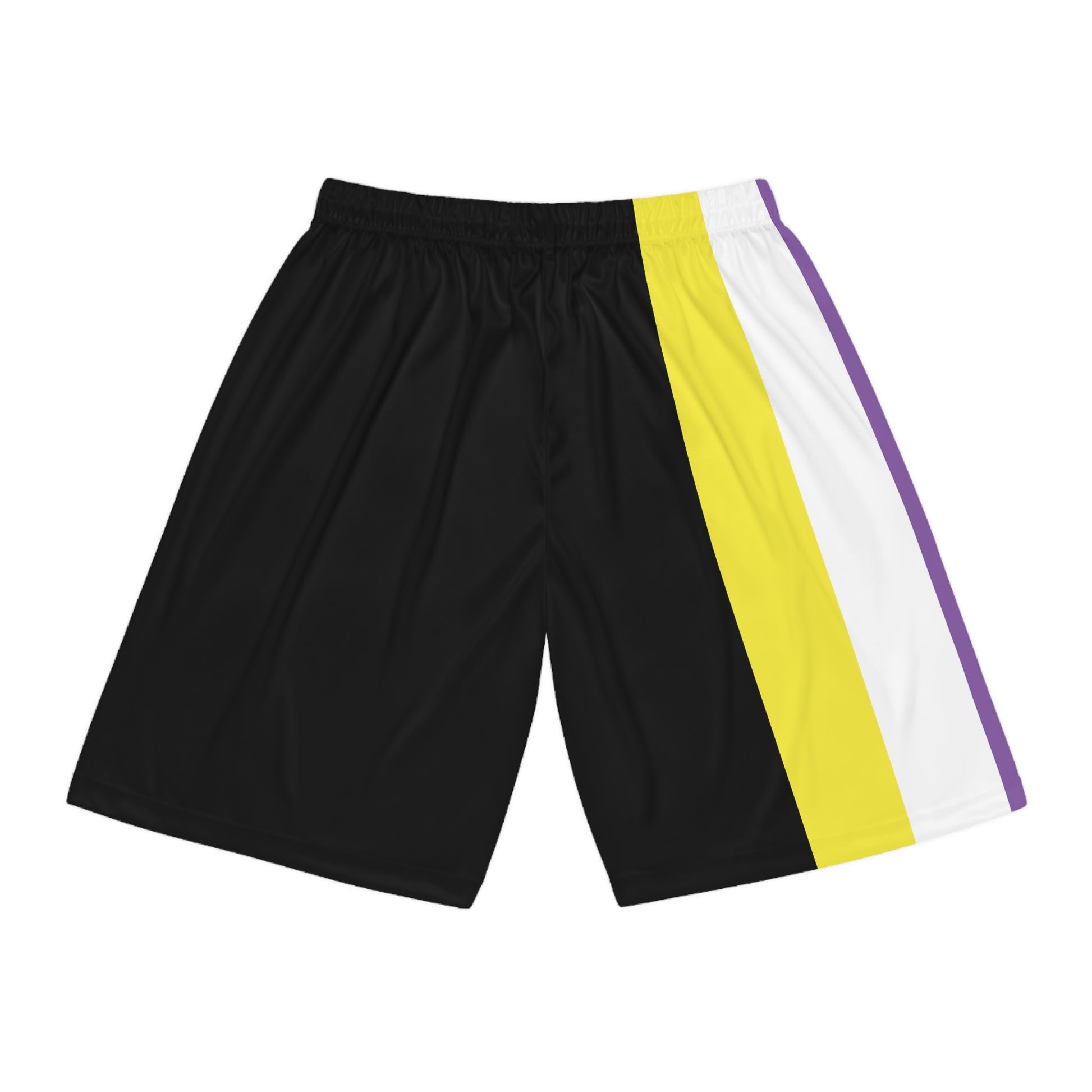 A person is standing wearing Non-Binary Pride Flag Basketball Shorts - Black from Printify, featuring an elastic waistband and side panels in vertical stripes of white, yellow, purple - thr nonbinary pride flag. The individual is shirtless, showing their midsection and a portion of their legs.