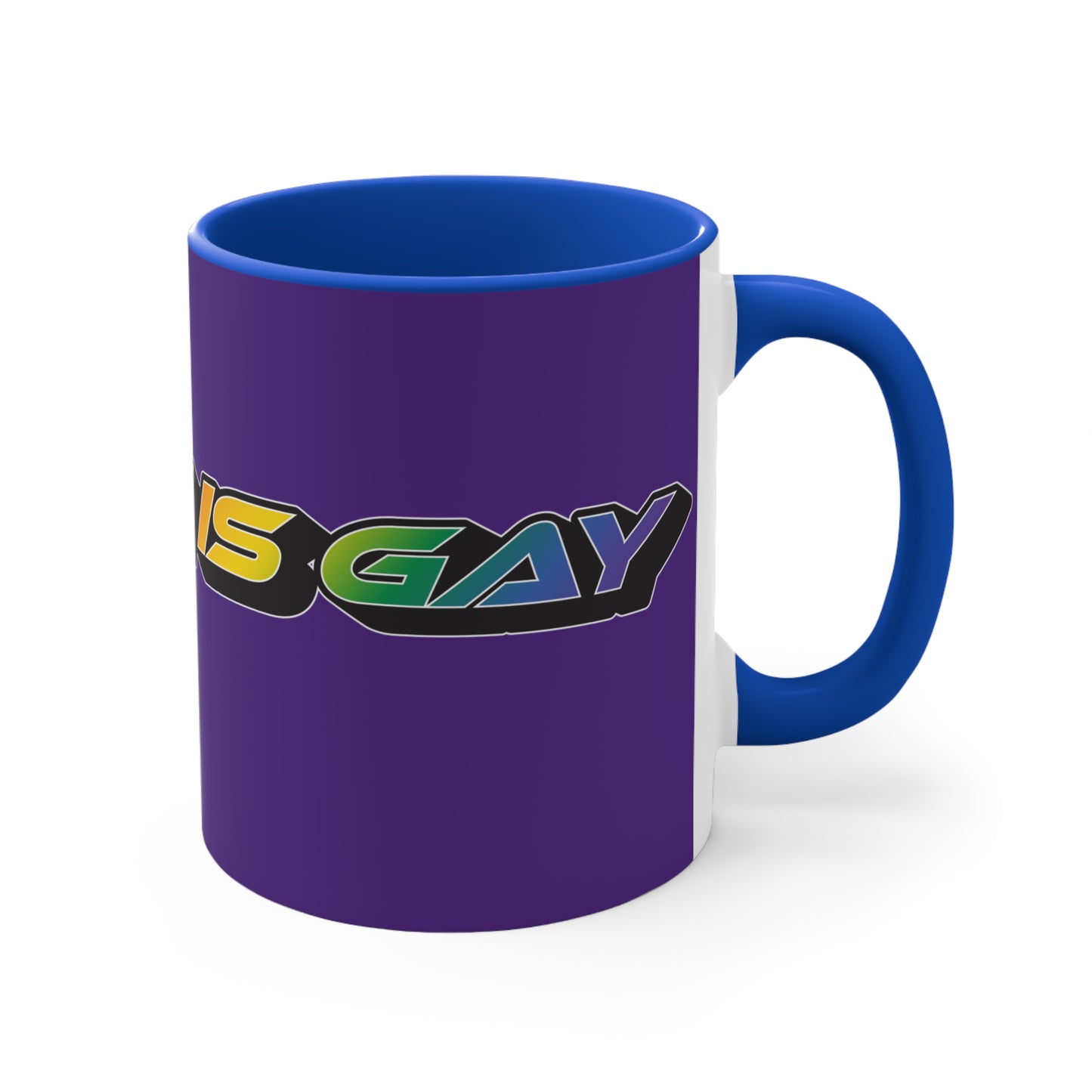 Displayed is the SKATING IS GAY rainbow gradient accent mug by Printify. This eye-catching mug features a purple exterior and a colorful interior, with the text "SKATING IS GAY" displayed in gradient colors of red, orange, yellow, and green. The dynamic design is enhanced by its shadowed font style.