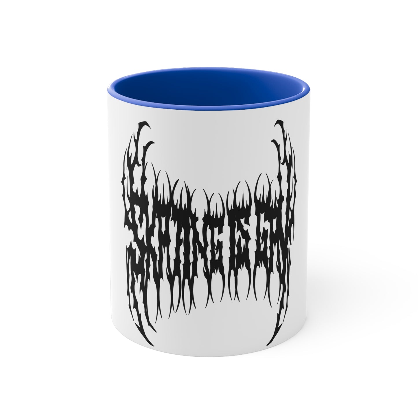 The "SKATING IS GAY but make it death metal accent mug" by Printify is a white mug with a black interior featuring an intricate design that resembles sharp, thorny text. Styled in a death metal font, the symmetrical design has an aggressive, edgy appearance that makes the text difficult to read due to its complex, spiky style.