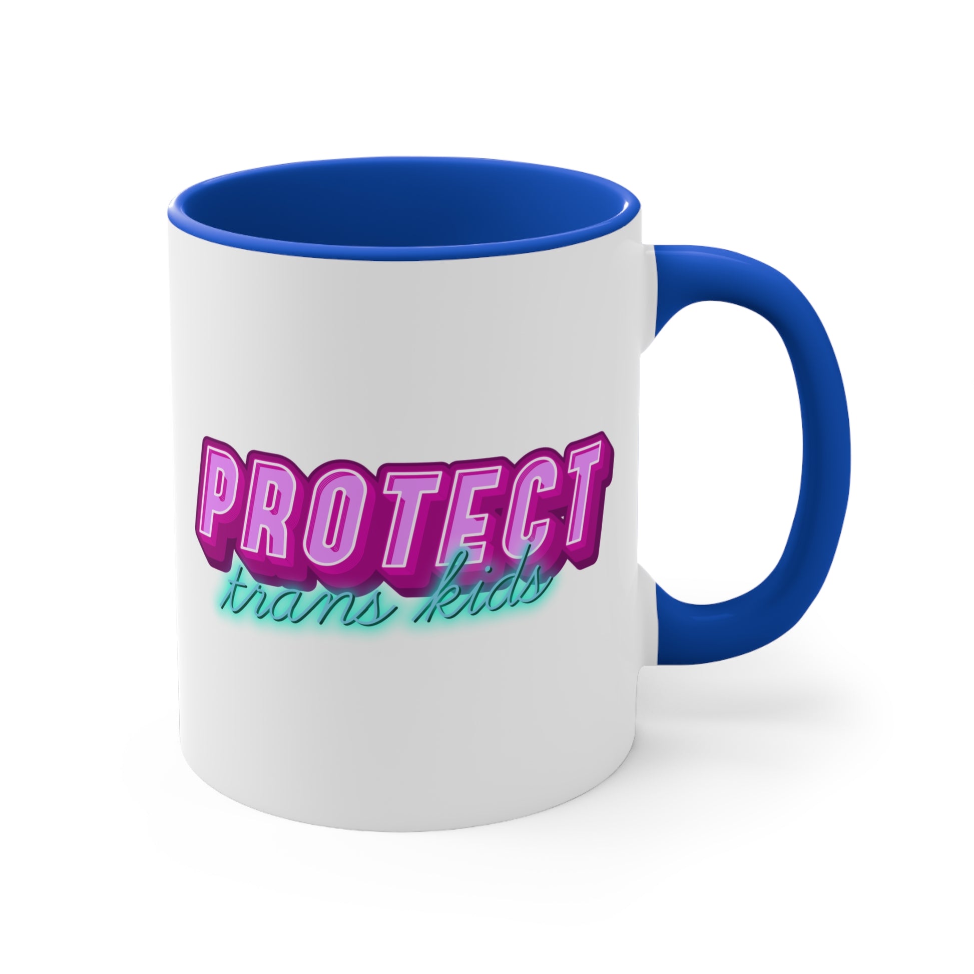 The Protect Trans Kids colourful accent mug by Printify is a white ceramic mug with a black handle and inner rim. It features a vibrant design that says "PROTECT trans kids" in bold, gradient lettering. The word "PROTECT" is in pink and purple, while "trans kids" is in teal, showcasing transgender pride.