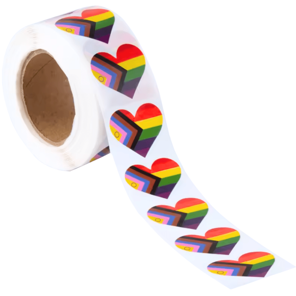 500 Pride Flag Heart Shaped Stickers - Bi, Trans, Lesbian, Demi, Enby, Pan, Progress Pride