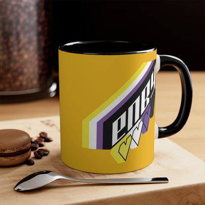 Presenting the Printify ENBY non-binary pride flag colors accent mug, a white ceramic coffee mug with a black handle and vibrant interior. It proudly features the word "enby" in bold, retro-style letters. Below "enby," three heart shapes in yellow, white, and purple celebrate non-binary pride.