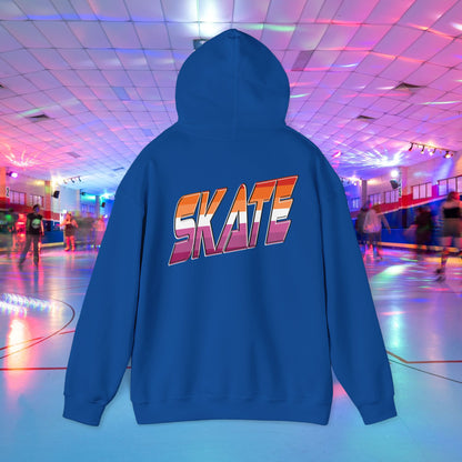 A black unisex "SKATE Lesbian Hoodie" by Printify, crafted from ethically grown US cotton, features the word "SKATE" in bold, colorful letters on the back. The hoodie is showcased in the foreground of a vibrant roller skating rink with neon lights and people skating in the background. Available for shipping to Australia.