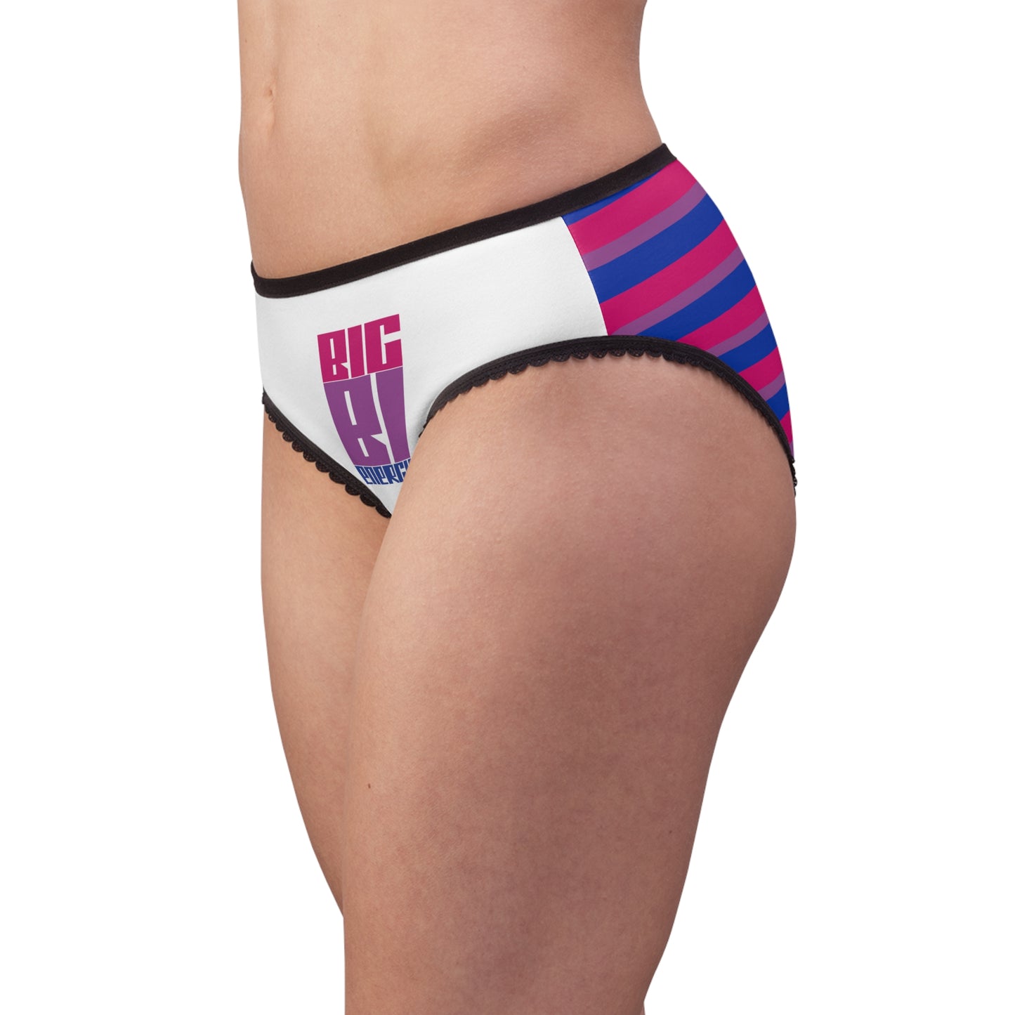 Introducing the BIG BI ENERGY bisexual pride flag briefs by Gay Skate, an original design featuring ultra-comfortable construction. These briefs showcase a white front panel adorned with "BIG BI ENERGY" in bold purple and pink letters. The waistband and leg openings are styled in black with a scalloped edge, while the sides flaunt horizontal stripes in pink, purple, and blue.