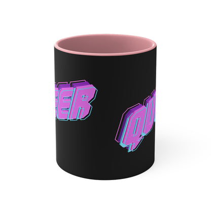 Introducing the "QUEER vibrant neon text - colourful accent mug" by Printify: a striking black mug with "QUEER" boldly displayed in vibrant neon purple and blue 3D letters, set against the dark background. The captivating design features partially visible text on the left side due to the angle of the image.