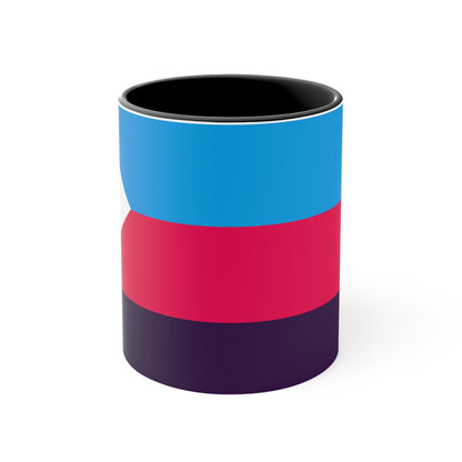 The Polyamory Pride Flag cup - colorful accent mug by Printify features a white coffee mug with a red handle and a vibrant interior. The exterior design showcases a colorful heart on a white background, accompanied by distinctive elements including a blue triangle, pink stripe, and purple stripe.