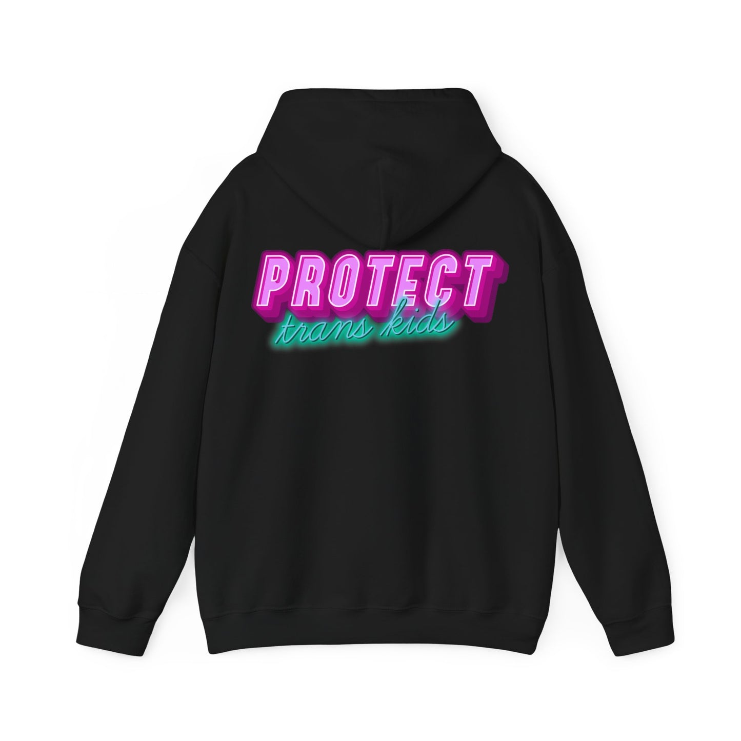 A black unisex hoodie, made from ethically grown cotton, showcases pink and blue neon text "Protect trans kids" on the back.