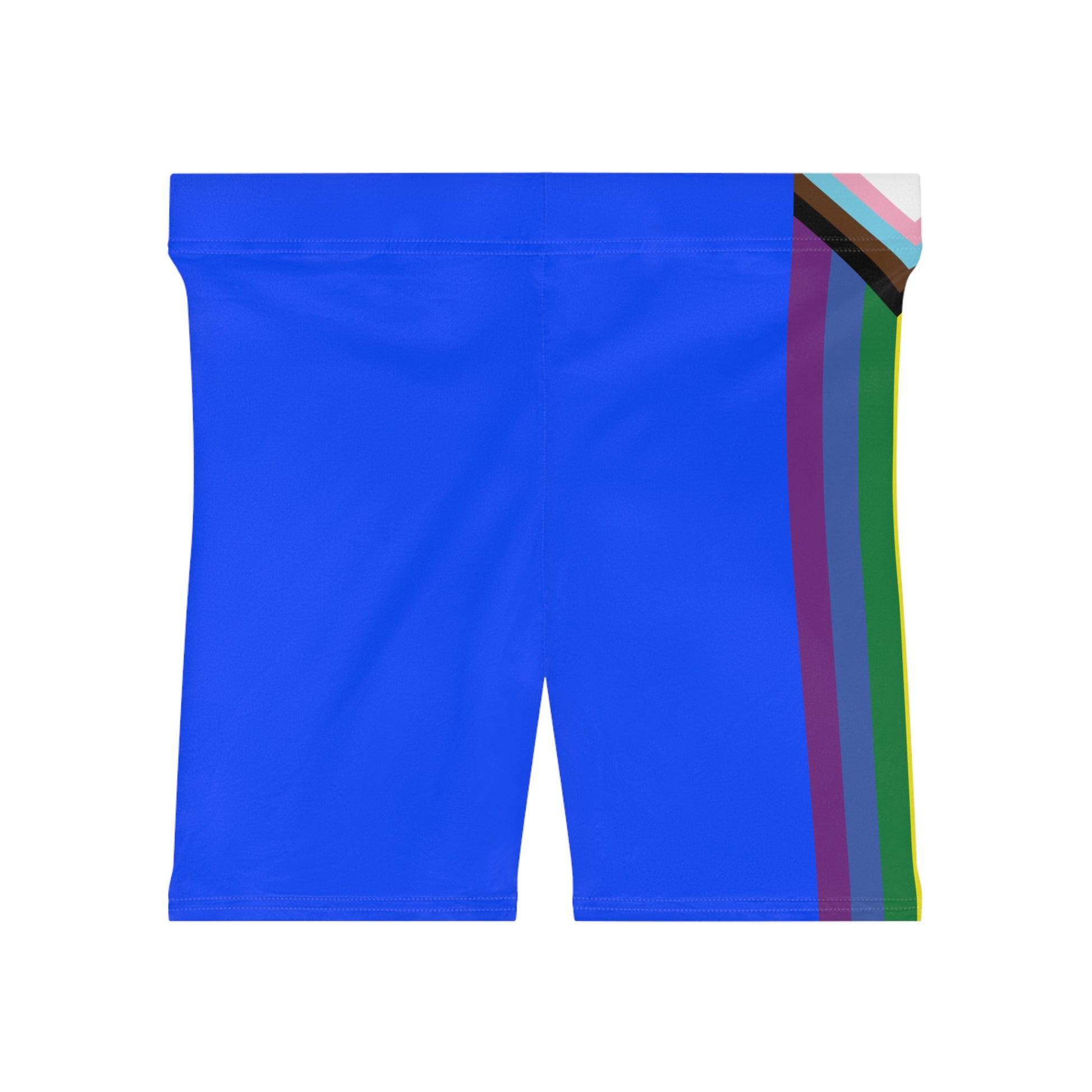 The image showcases a person from the side wearing Printify's Progress Pride Rainbow Flag and Blue Bike Shorts, which feature a vibrant rainbow design incorporating the Pride flag colors, transgender flag hues, and brown and black stripes at the top to symbolize inclusivity.