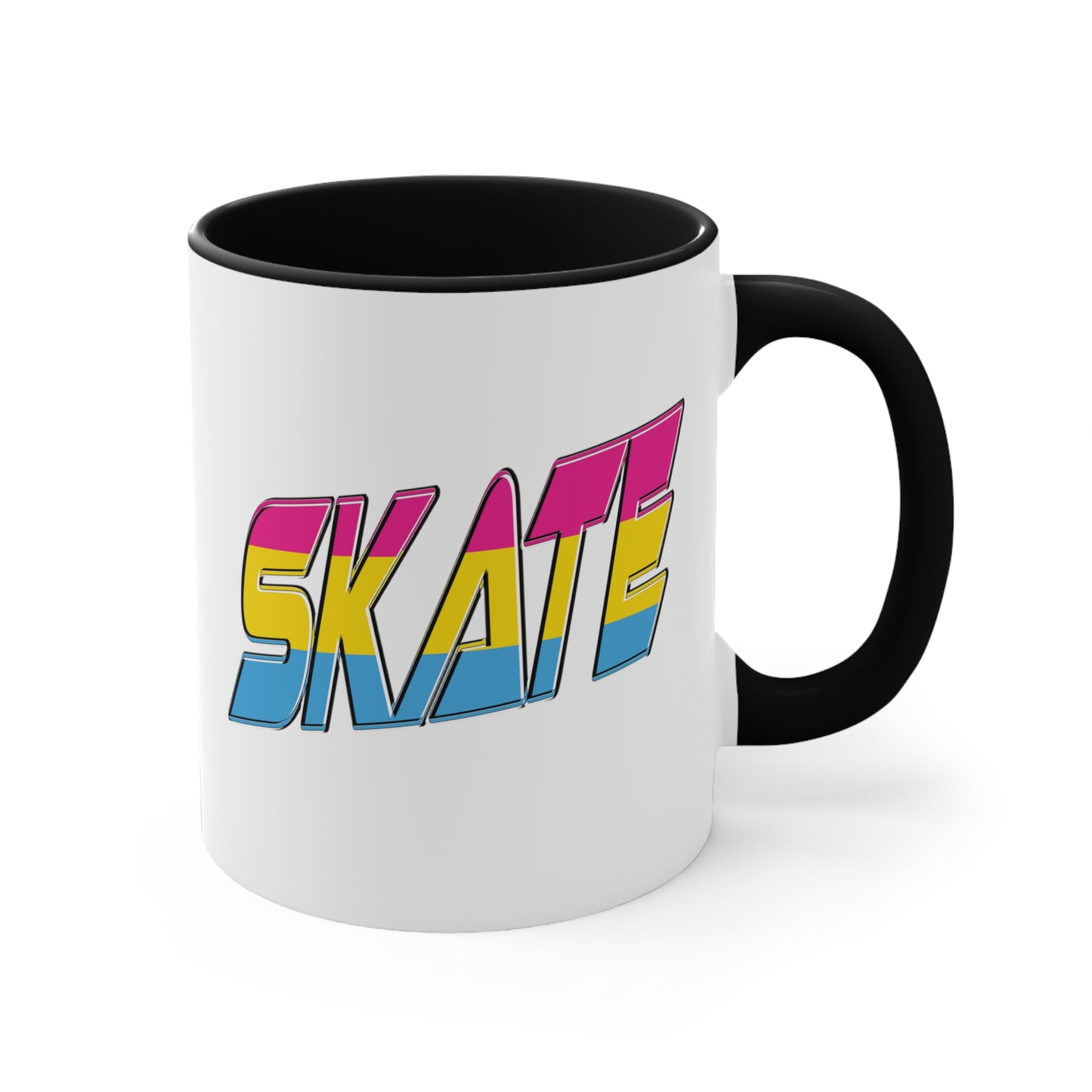 Introducing the "SKATE pansexual pride flag accent mug" by Printify—a white ceramic coffee mug highlighted with a black handle and interior. Adorned on the front are bold, colorful letters spelling "SKATE," featuring a gradient effect in pink, yellow, and blue that beautifully represents the pansexual pride flag.