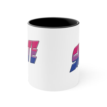 The Printify SKATE bisexual pride flag accent mug features a white base with a blue handle and vibrant interior. It proudly displays the word "SKATE" in bold, stylized gradient lettering, transitioning from pink at the top to blue at the bottom, creating an eye-catching contrast that evokes a sense of movement and energy.