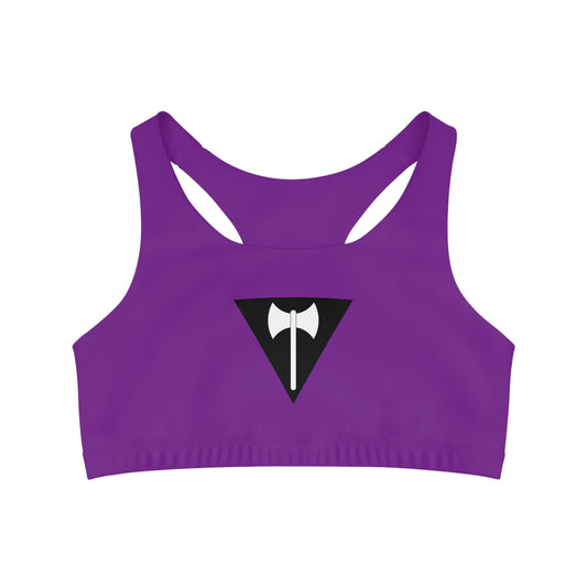 Purple crop with black and white axe or labrys. Feminist and lesbian pride outfit