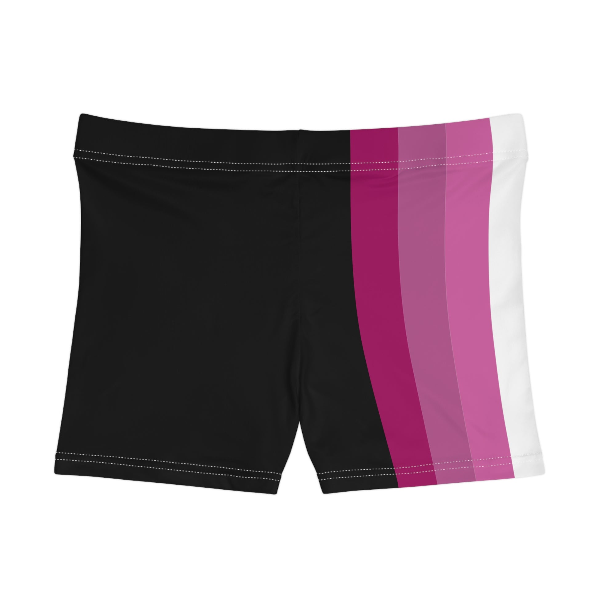 A person wearing the custom "Lesbian Pride Flag Short Shorts" by Printify, featuring a high-waisted design with dark orange, light orange, white, pink, and purple stripes from the lesbian pride flag. The individual is shown from the side against a plain white background, highlighting the polyester spandex blend fabric.