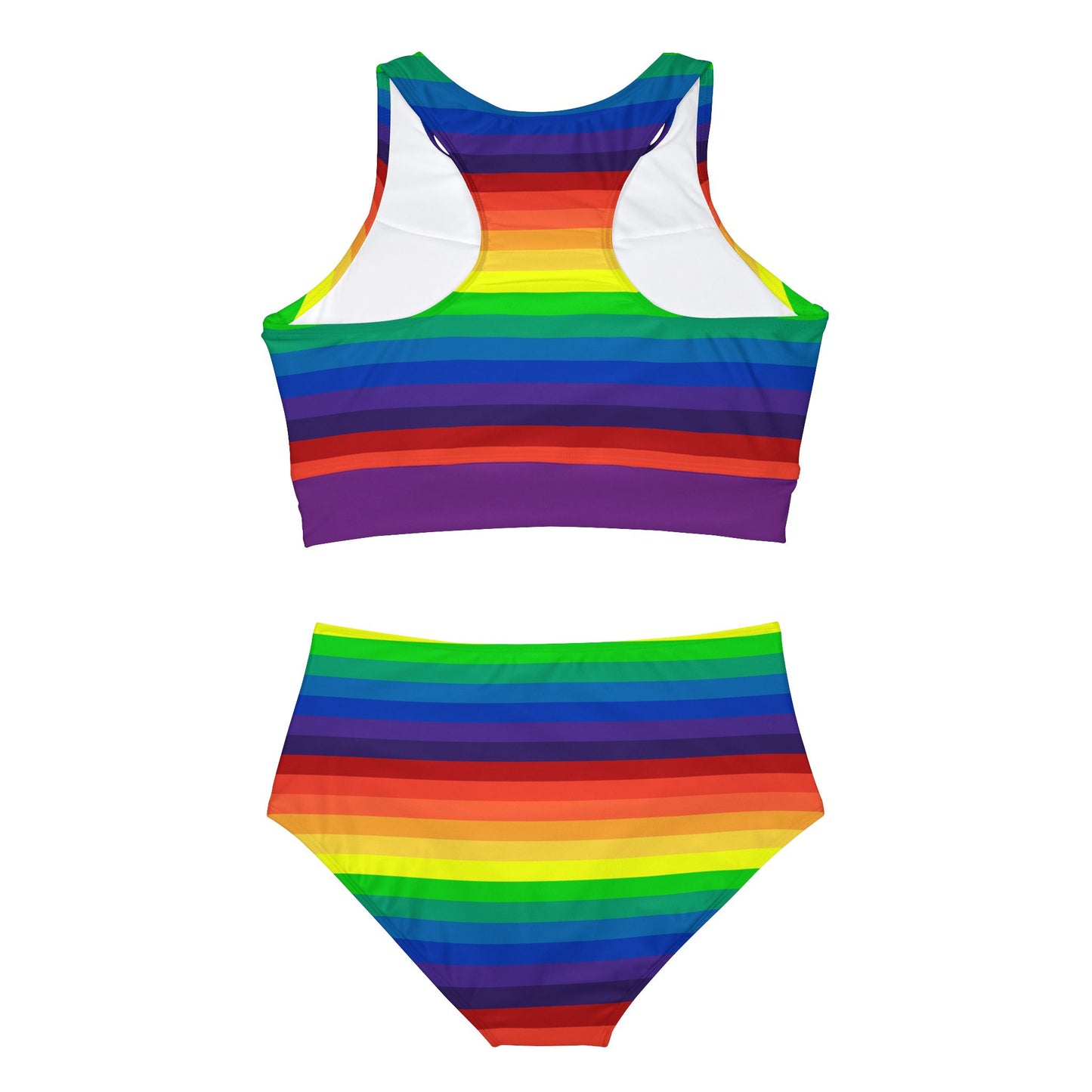 A two-piece "Sporty Swim or Activewear Set - Rainbow Pride Flag" from Printify lays flat against a white background. It features horizontal rainbow stripes in vibrant colors such as red, orange, yellow, green, blue, and purple. The top boasts a high neckline while the bottom has a flattering high-waisted cut.