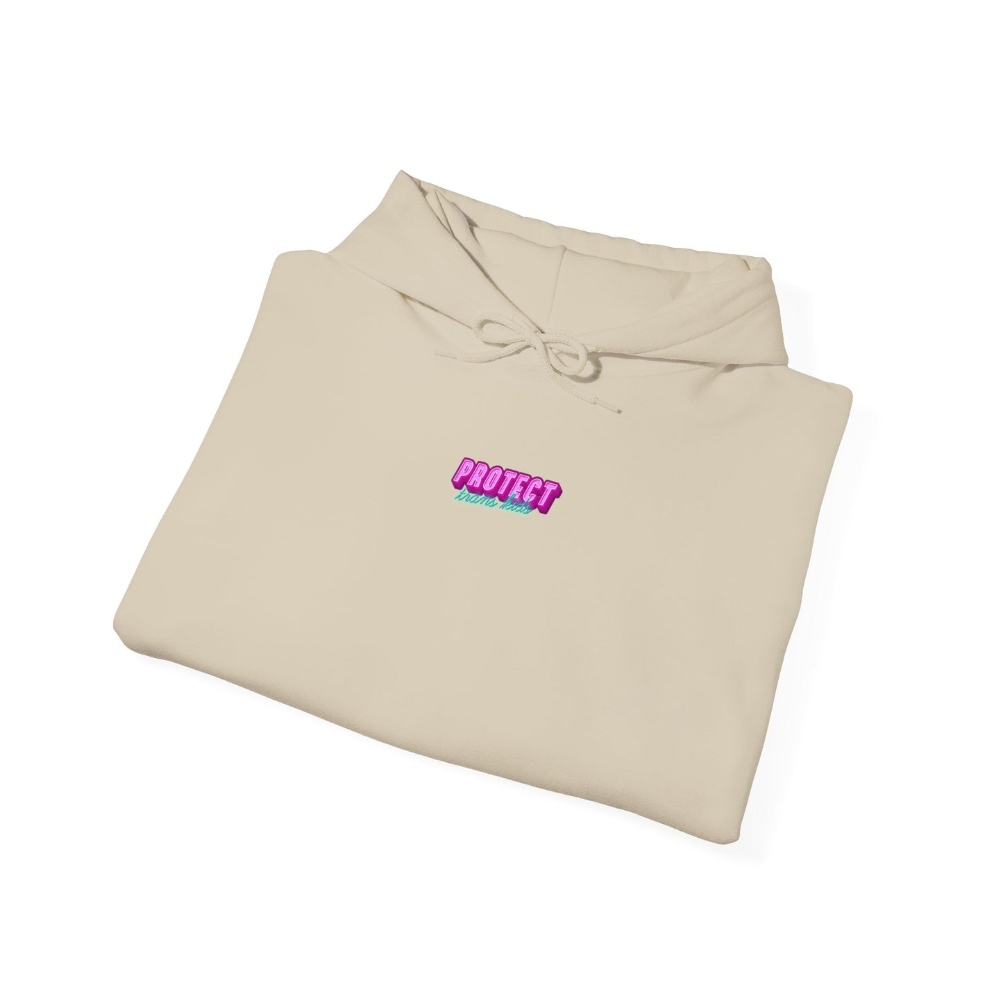 A beige unisex Protect Trans Kids Hoodie lies folded on a white background, showcasing a center graphic with "PROTECT" in pink and smaller green text beneath. Made from ethically grown cotton, it ensures comfort and style. Available for Australian shipping.