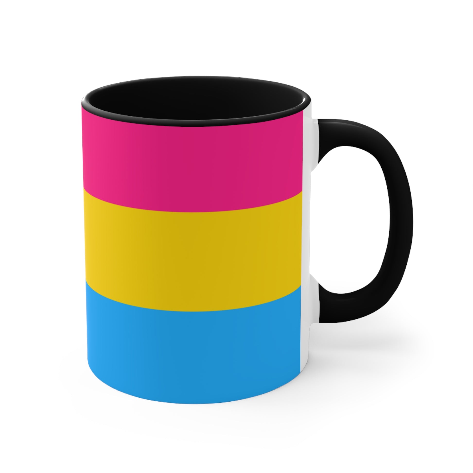 The Pansexual Pride Flag colourful accent mug from Printify features a ceramic design with a pink handle and colorful interior that showcases the colors of the pan pride flag: pink on top, yellow in the middle, and blue on the bottom.