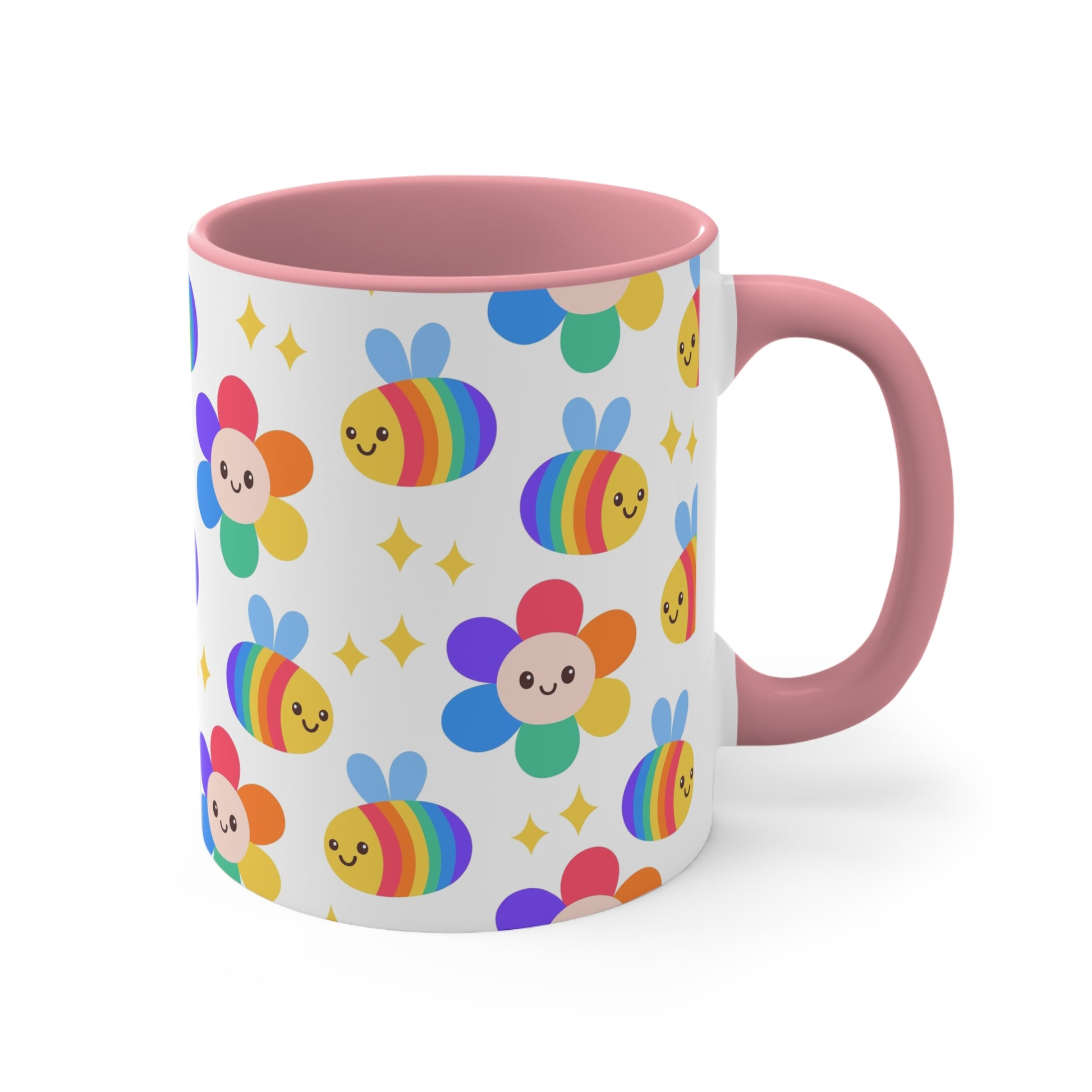 The Subtle Rainbow Pride - Flowers and Bees Colourful Accent Mug  is a white ceramic mug with a red handle and colored interior, adorned with a vibrant pattern of adorable smiling rainbow bees and flower designs. The cheerful bees and flowers are rendered in bright rainbow colors reminiscent of the pride flag, with small yellow stars scattered throughout. Perfect subtle rainbow pride flag cup