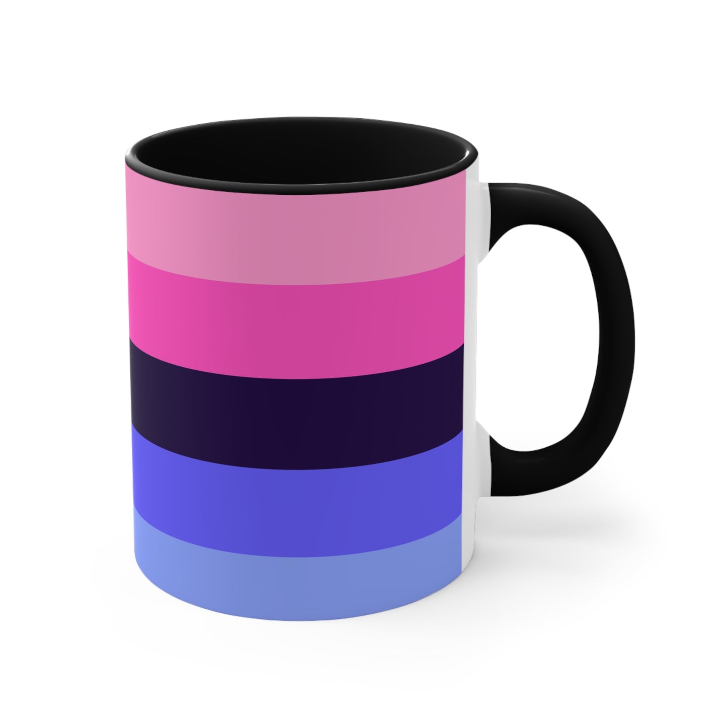 The Omnisexual Pride Flag - love hearts - colourful accent mug from Printify boasts an eye-catching design with a blue handle and inner surface, adorned with horizontal stripes in various shades of pink, purple, and blue.