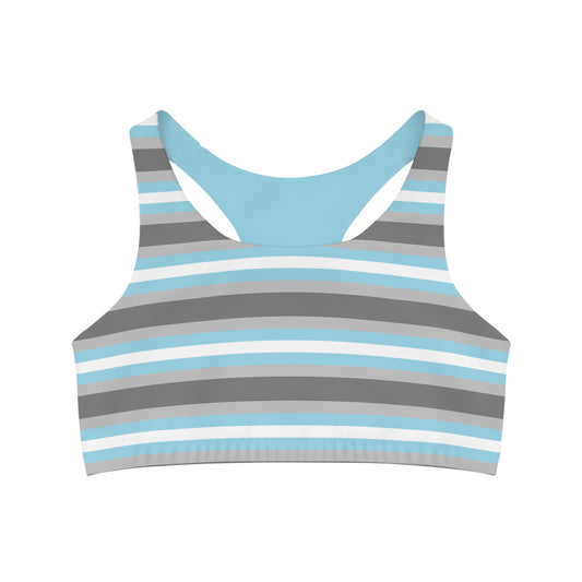 Introducing the Demiboy Pride Flag seamless sports crop by Printify, a LGBTIQAP+ active wear piece featuring a racerback design with horizontal stripes in blue, gray, and white. Made from moisture-wicking fabric, it provides unparalleled comfort and dryness against a plain white background.