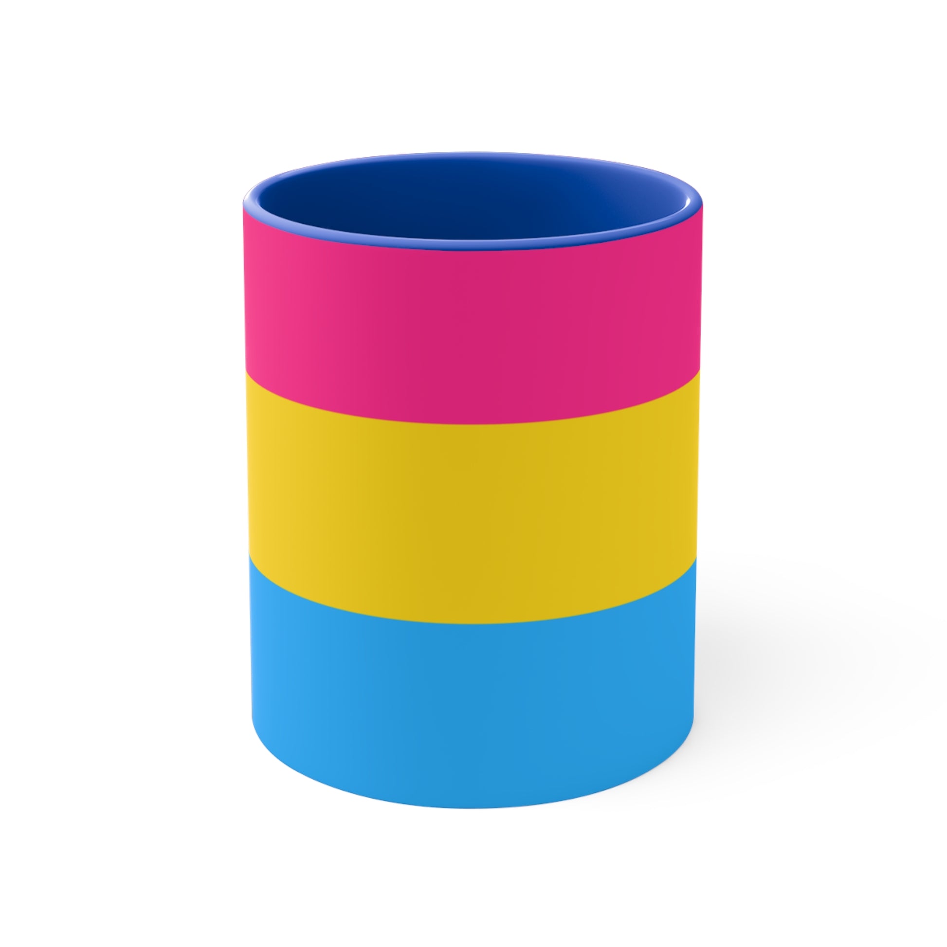 The Pansexual Pride Flag colourful accent mug from Printify features a ceramic design with a pink handle and colorful interior that showcases the colors of the pan pride flag: pink on top, yellow in the middle, and blue on the bottom.