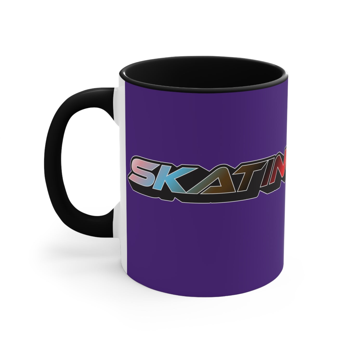 Displayed is the SKATING IS GAY rainbow gradient accent mug by Printify. This eye-catching mug features a purple exterior and a colorful interior, with the text "SKATING IS GAY" displayed in gradient colors of red, orange, yellow, and green. The dynamic design is enhanced by its shadowed font style.