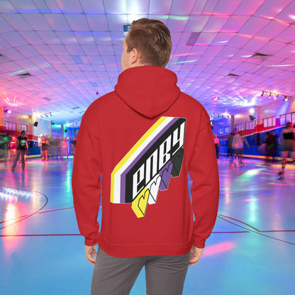 A person wearing the high-quality Printify ENBY Heart Hoodie, a unisex heavy blend hooded sweatshirt, with its colorful geometric nonbinary flag designs on the back, stands in a retro-style roller skating rink. The background features neon lights, blurred skaters, and a vibrant atmosphere.