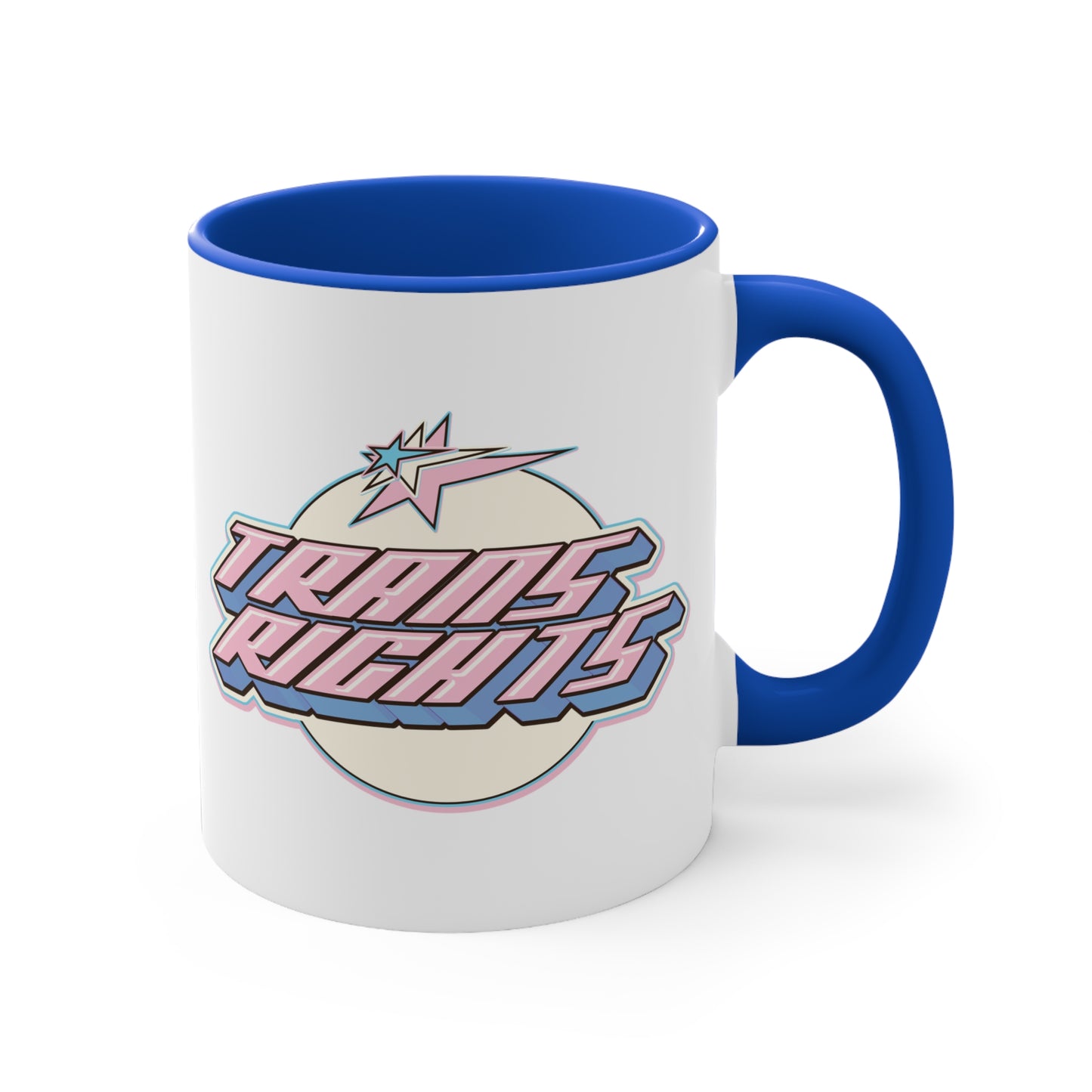 The Trans Rights colorful accent mug by Printify showcases a white coffee mug with a pink handle and vibrant interior, featuring the bold, retro-style text "TRANS RIGHTS" against a circular, off-white background. Above the text is a stylized star with dynamic lines that reflect the colors of the transgender pride flag, creating an energetic sense of movement.